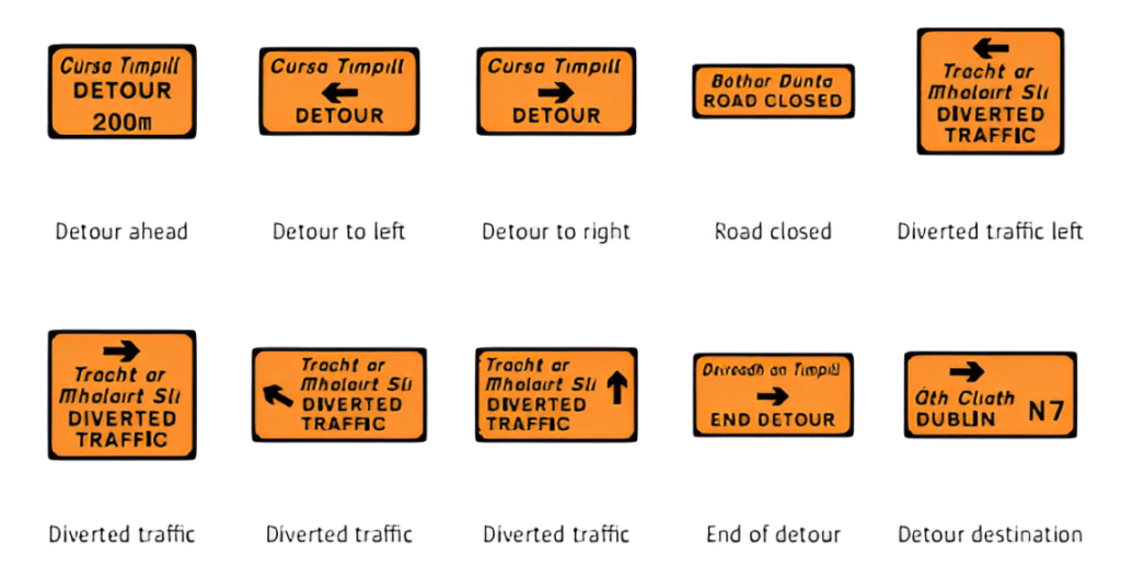 Dublin road signs indicating detours, road closures, and diverted traffic directions for motorists.