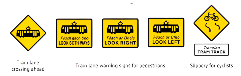 Dublin road signs: tram lane crossing ahead, pedestrian warnings, and slippery for cyclists.