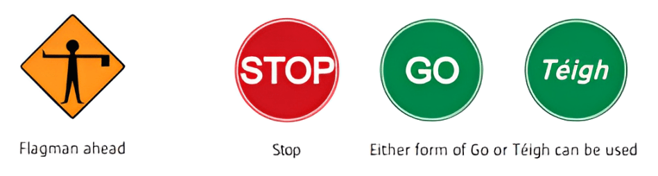 Dublin road signs: flagman ahead, stop, go, and Téigh (Irish for go).