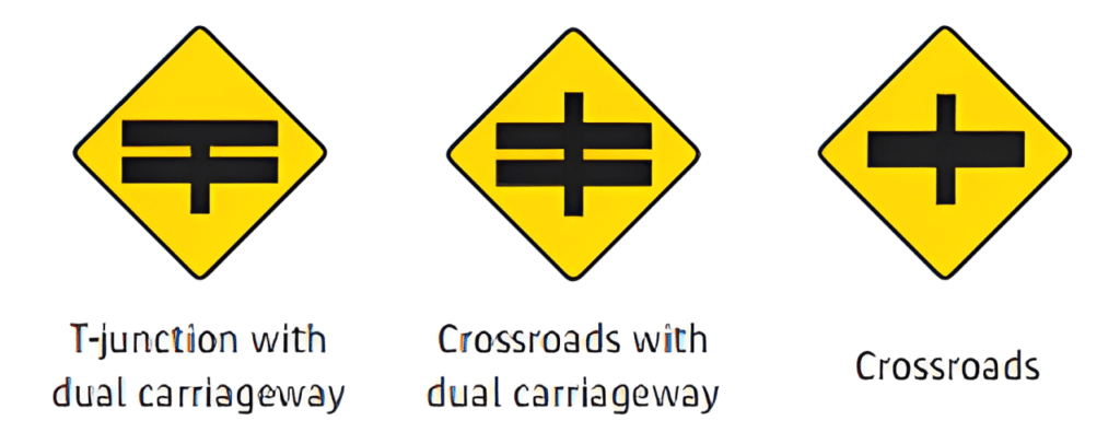 Dublin road signs showing T-junction with dual carriageway, crossroads with dual carriageway, and crossroads.