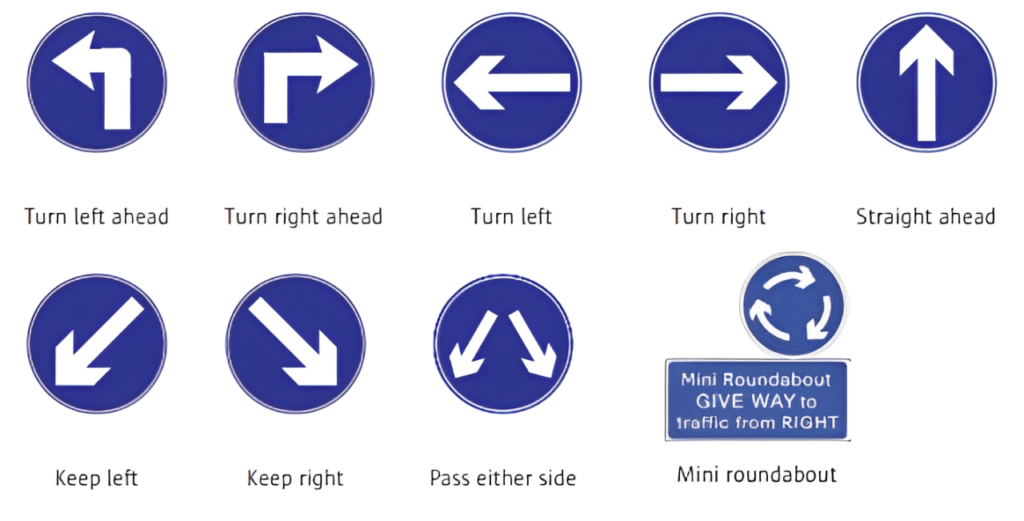 Dublin road signs indicating turns, directions, and a mini roundabout for drivers.