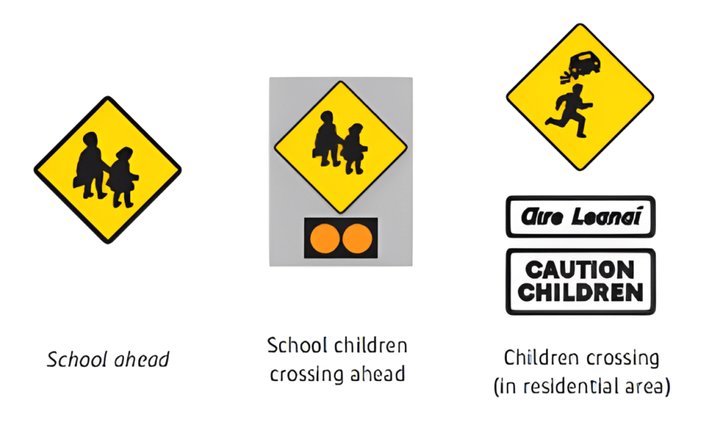 Dublin road signs: School zone ahead, children crossing, and caution children signs.